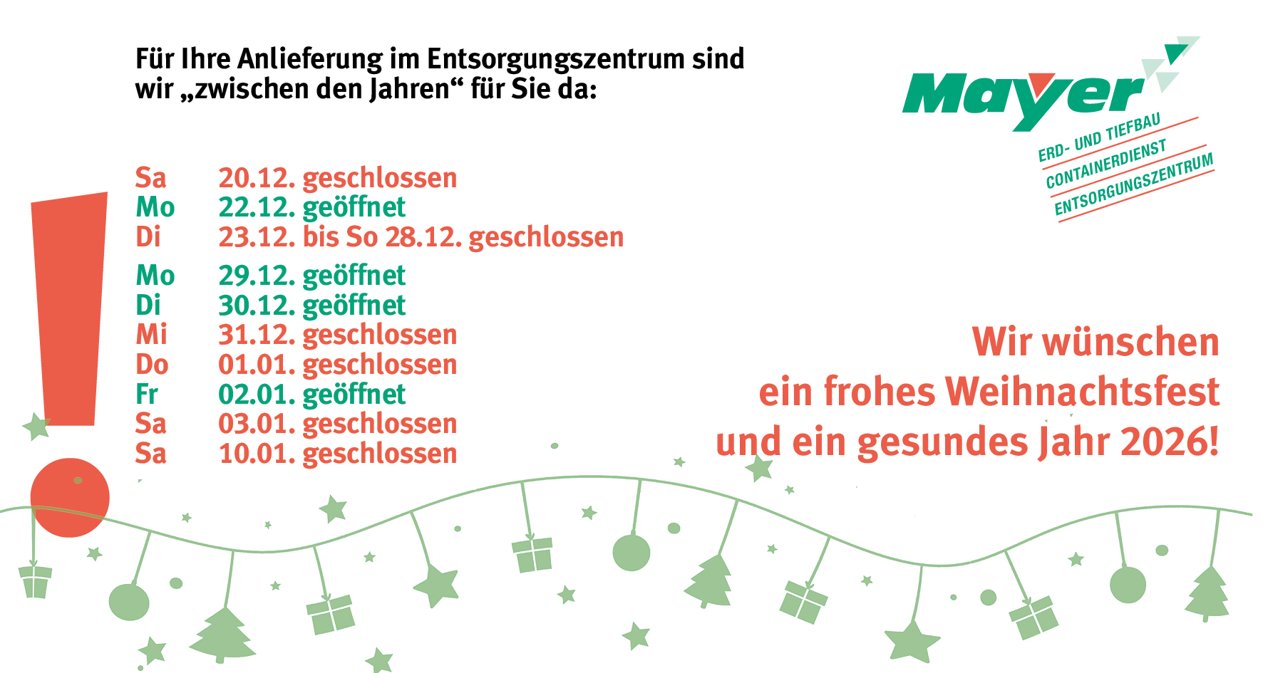 Öffnungszeiten zwischen den Jahren